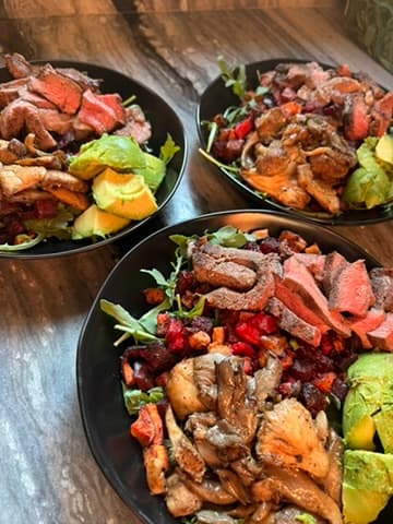 Seared steak bowls with mushrooms, avocado, and roasted beets